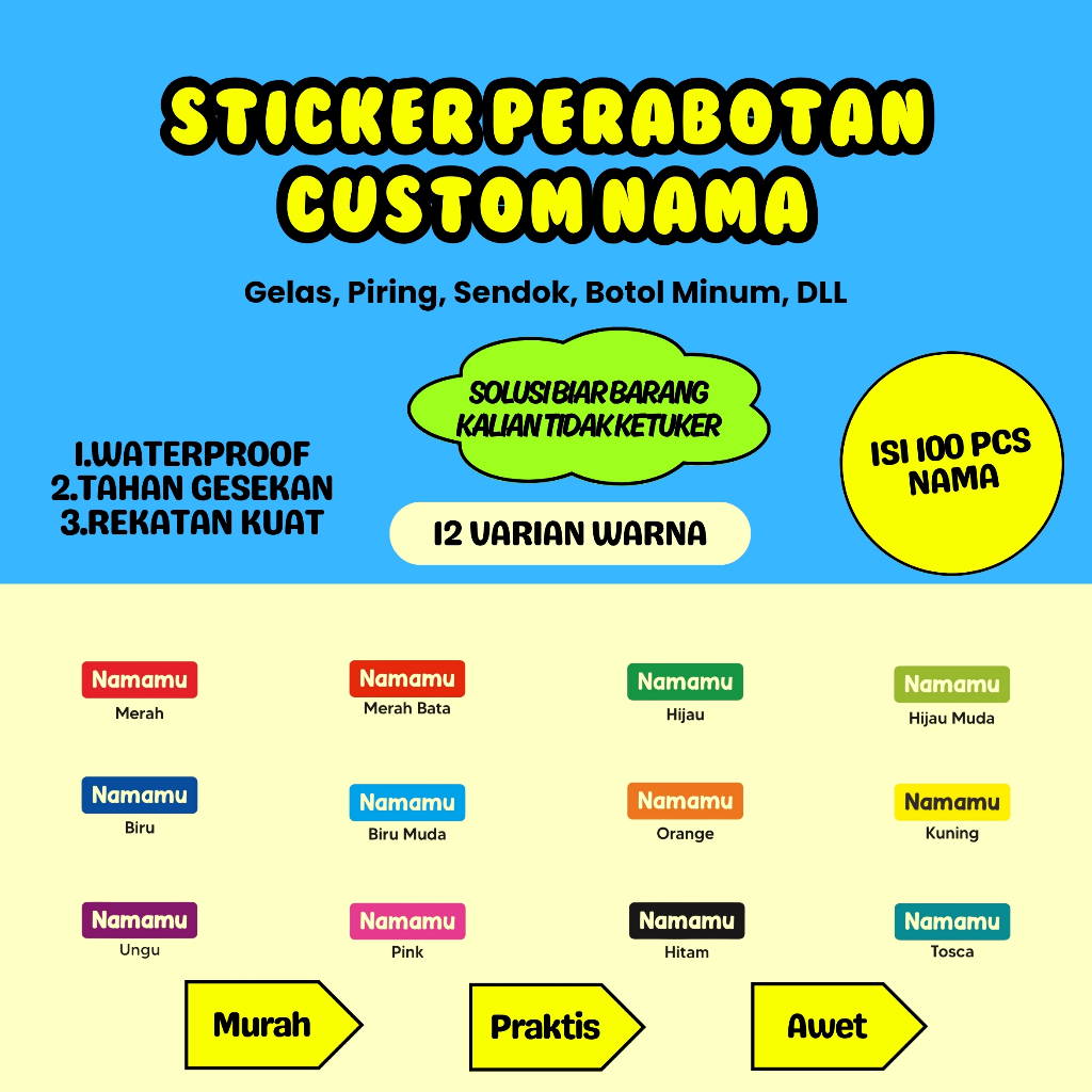 

100Pcs Sticker Custom Nama Piring Sendok Botol Barang Perabotan Stiker Ajaib Waterproof Timbul Label