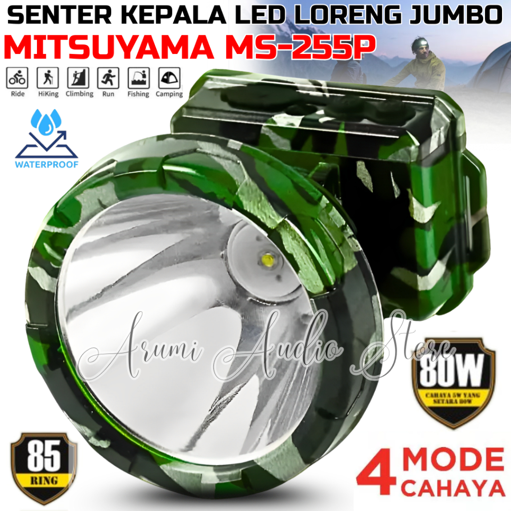 Senter Kepala / Headlamp Led Mitsuyama Ms-255p Body Loreng | Headlamp Led Loreng Cas Baterai Lithium