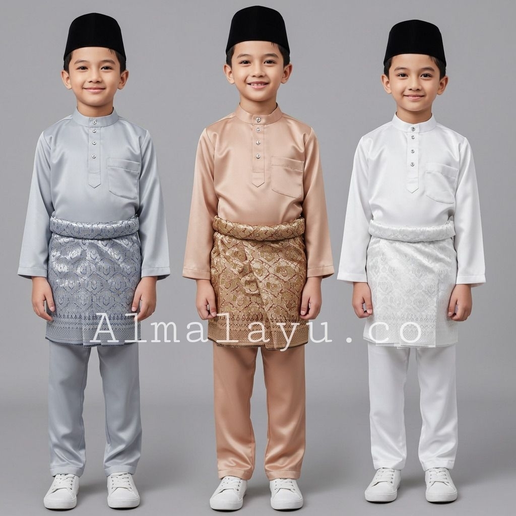 Satu setel Baju dan celana Anak laki laki Melayu bahan SATIN MENGKILAP Teluk Belanga anak Laki Laki 