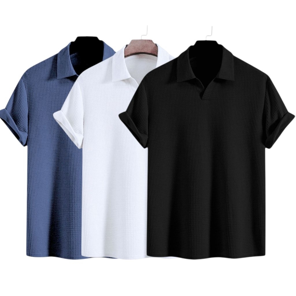 paket 3 pcs kaos kerah polo v-neck lengan pendek bahan waffle premium baju keren dewasa atasan cowok
