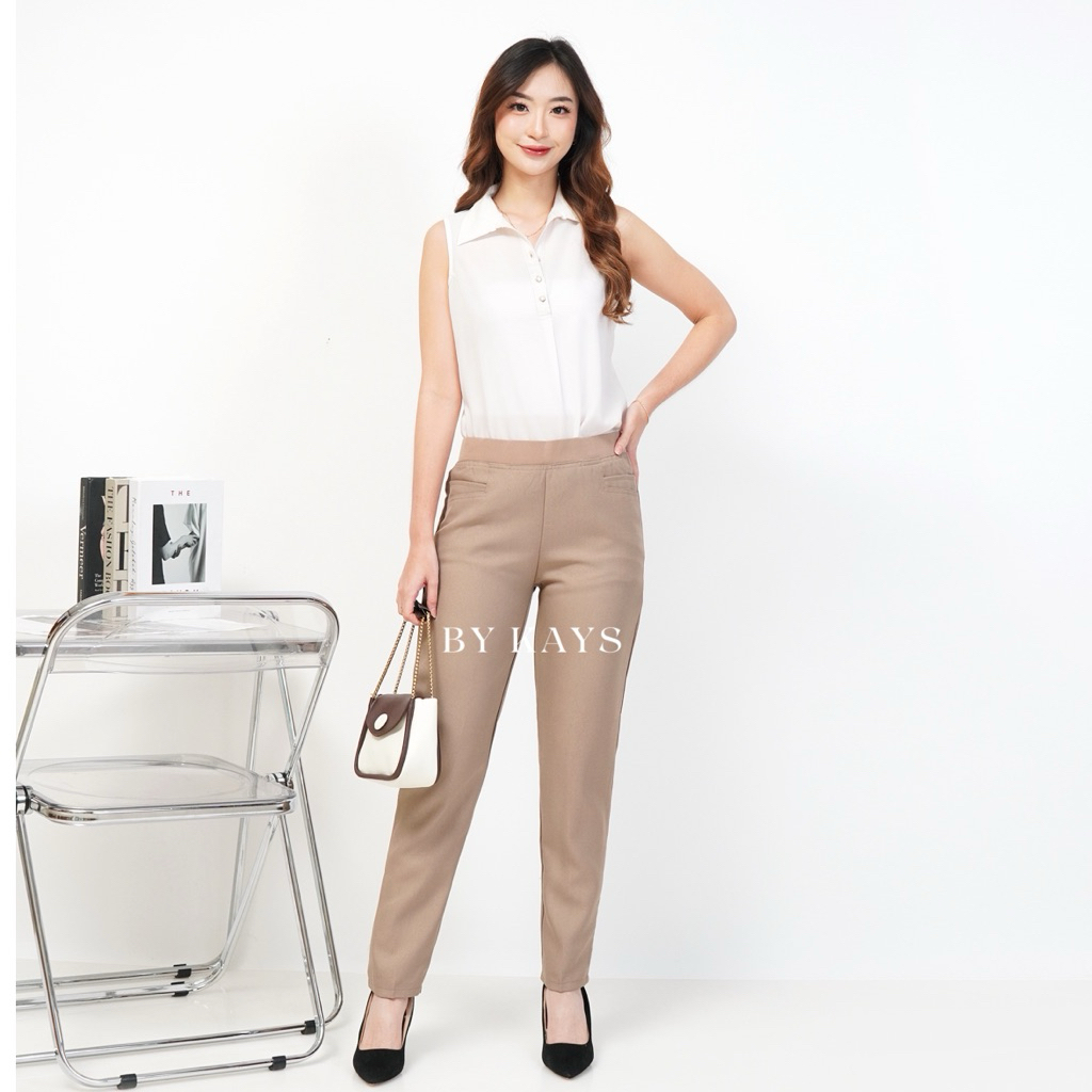 BYKAYS - Celana Kerja Wanita Kantor Coklat Susu Pinggang Karet dan Kancing