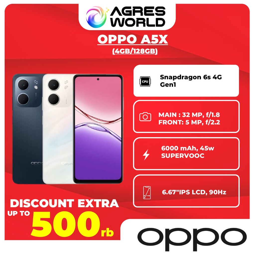 OPPO A5X Ram 4/128GB | Qualcomm SM-6115 Snapdragon 6s 4G Gen1 | 6.67"IPS LCD, 90Hz | Garansi Resmi 1