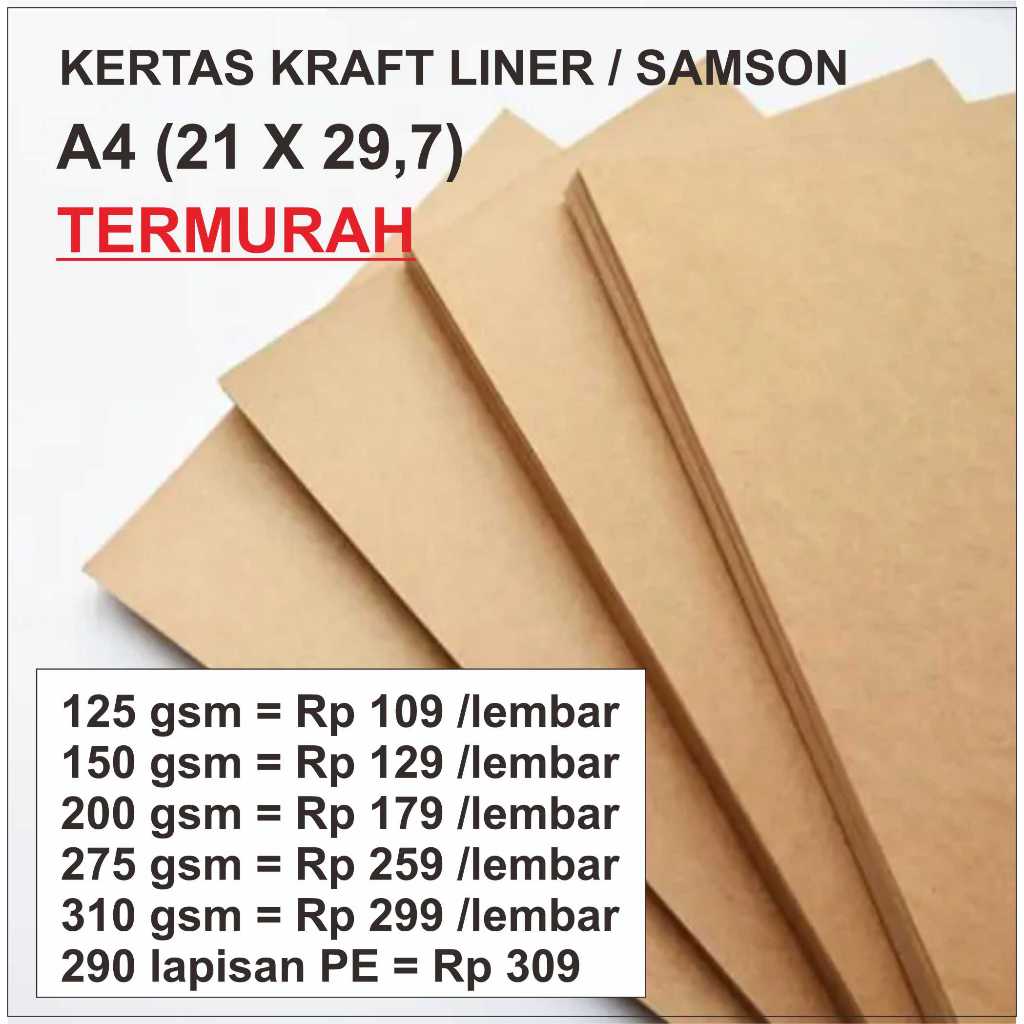 

Kertas Kraft Liner / Samson Brown Kraft Coklat uk A4 ( paket isi 50 ) TERMURAH