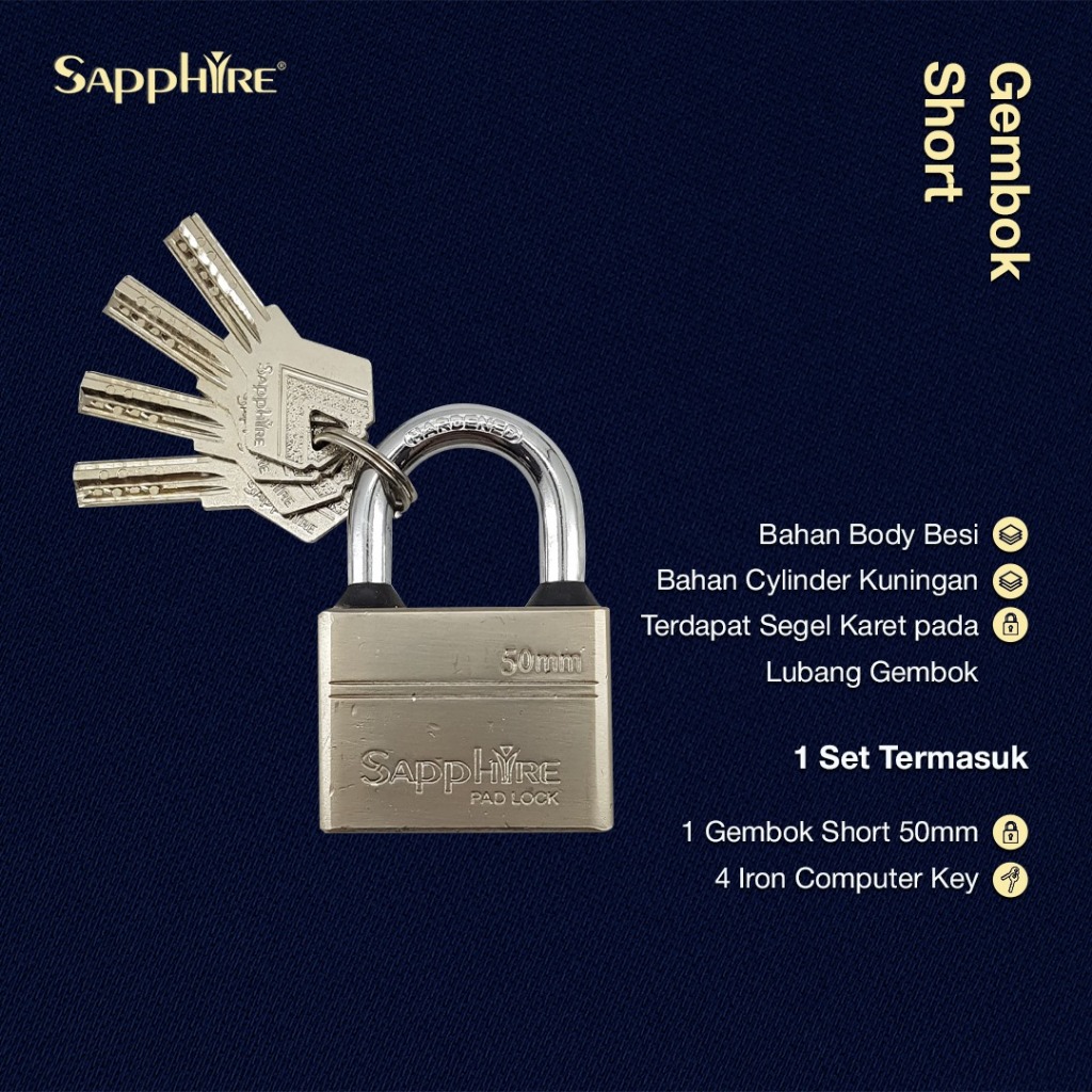 Sapphire Gembok Short 50mm Gembok Rumah Pagar Leher Hardened Anti Maling Anti Potong & Gergaji