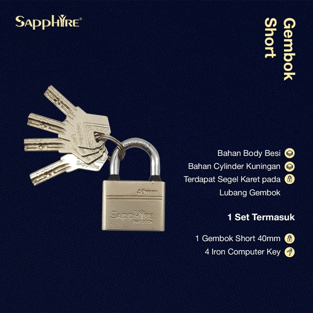 Sapphire Gembok Short 40mm Gembok Rumah Pagar Leher Hardened Anti Maling Anti Potong & Gergaji