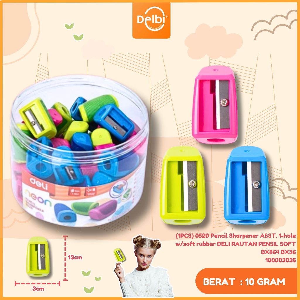 

Deli Rautan Pensil dengan ABS tahan lama posisi pisau tepat menghindari ujung pensil putus (1PCS) E0520 PENCIL SHARPENER ASST.1 HOLE W/SOFT RUBBER