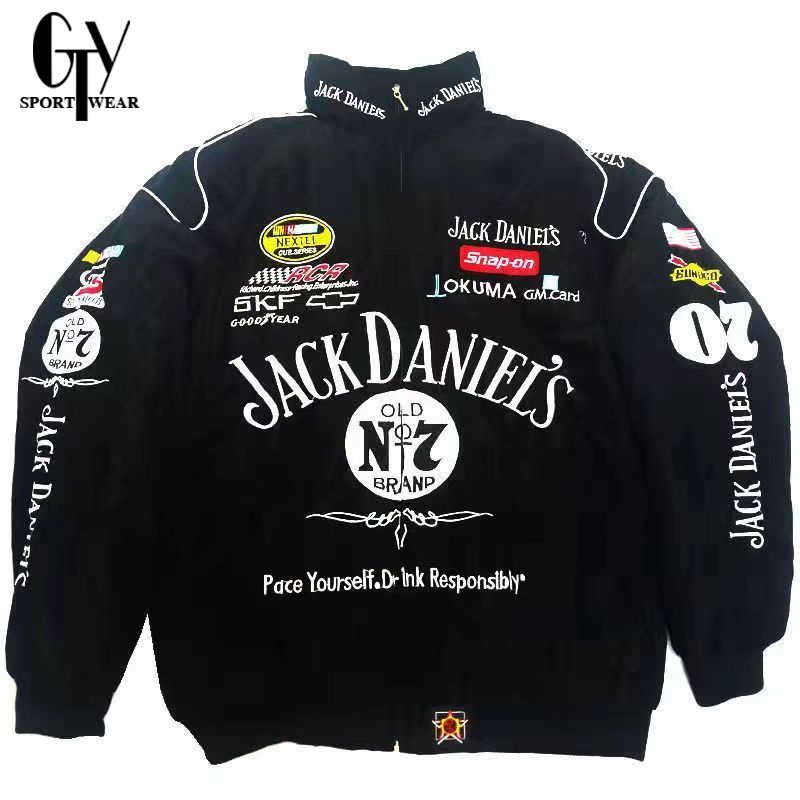 GTY Jaket Pria Jack Daniel's Vintage Racing Full Bordir Premium Motorcycle keren Hitam Baseball Ferr
