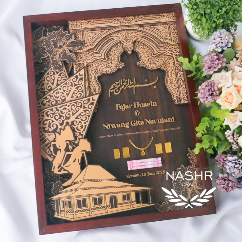 Pop Up Kayu Coklat 30x40 cm Tema Gebyok Jawa ( Kaligrafi & Nama TIMBUL ) Hiasan Mahar Nikah Dekorasi