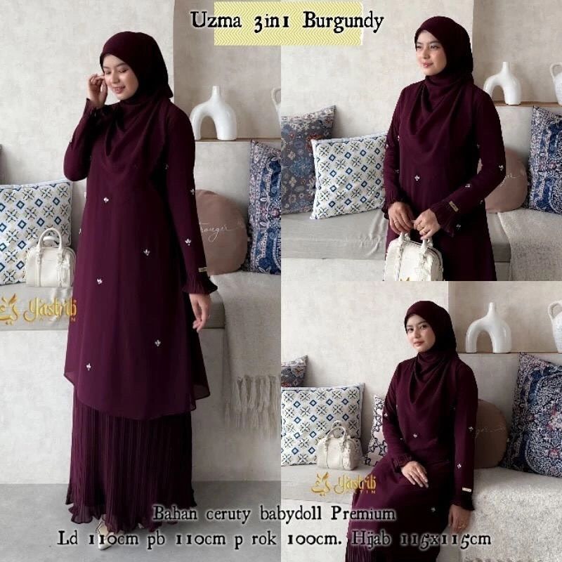 Gamis lesti kejora setelan rok/gamis burgundy terbaru 2025/Uzma set 3in1 gamis syari set hijab wanit