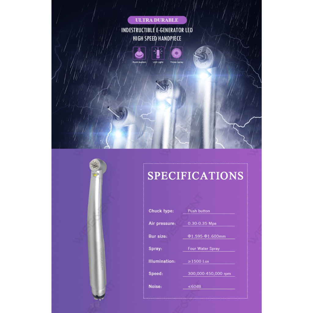 WISEDENT - Handpiece High Quality LED High Speed Air Turbine 4 water Spray High Speed Handpiece BR-1