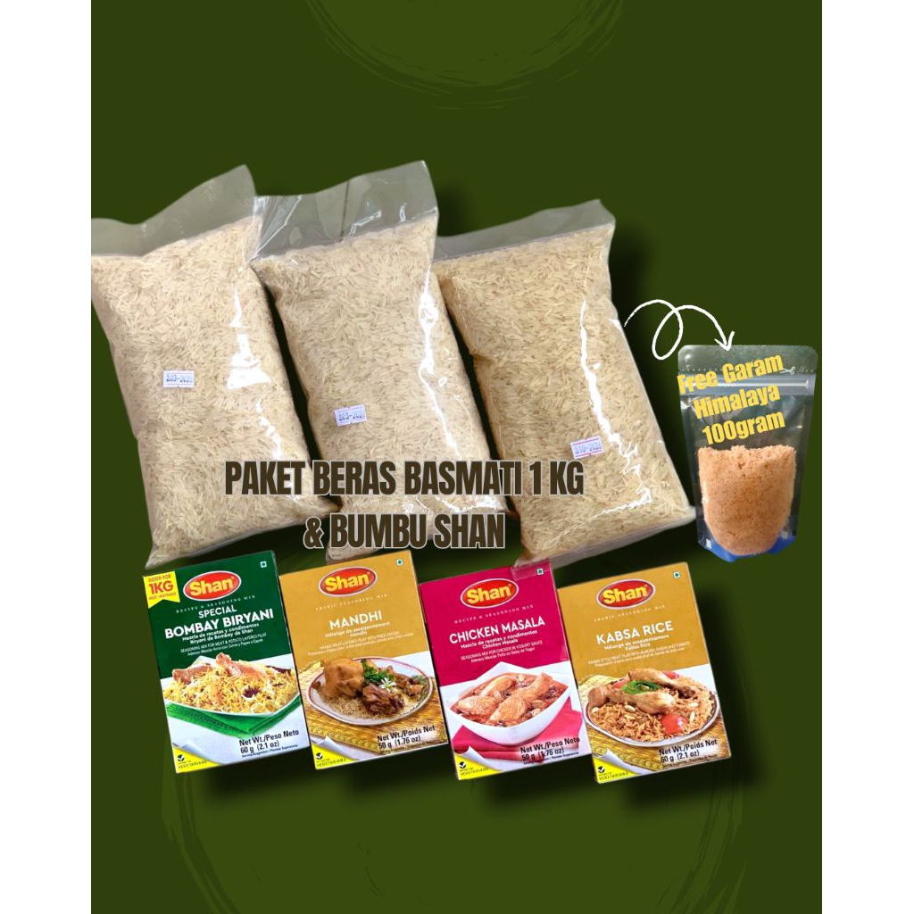 

Paket Beras Basmati 1Kg dan Bumbu Shan free Garam Himalaya 100gr