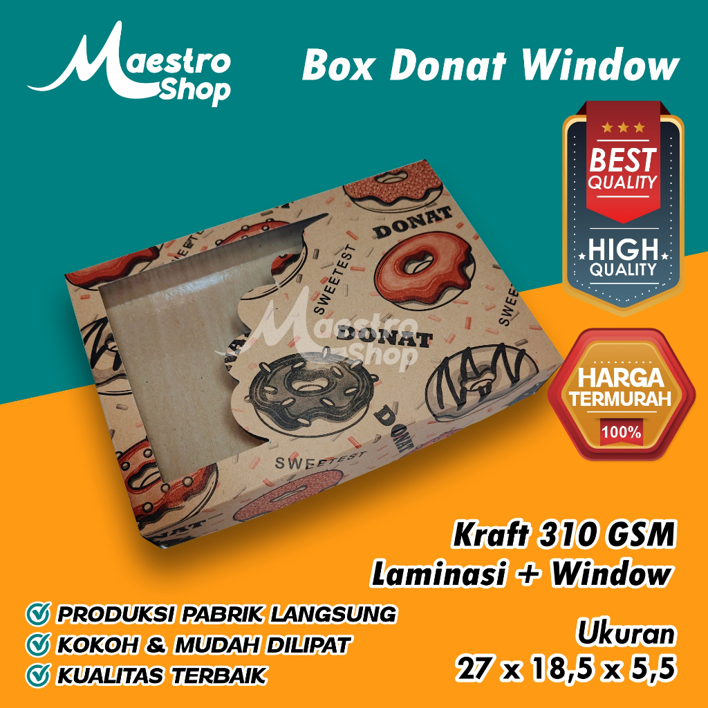 

Box Dus Donat Motif Kraft | Isi 6 | 27x18,5x5,5 | Window + Laminasi PE
