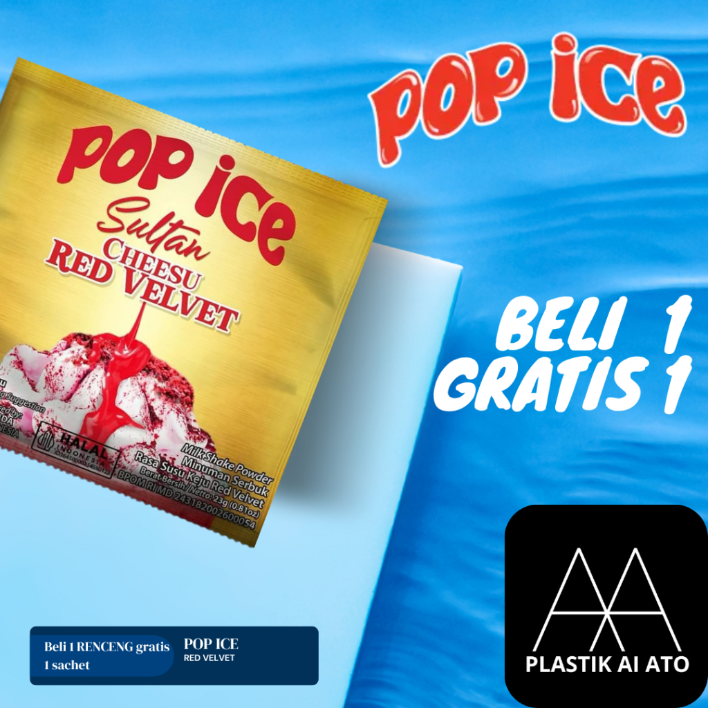 

Pop Ice Milk Shake Powder SULTAN CHESE RED VELVET S23 Gr 10 + 1Pcs BONUS 10 PCS SEDOTAN + PLASTIK