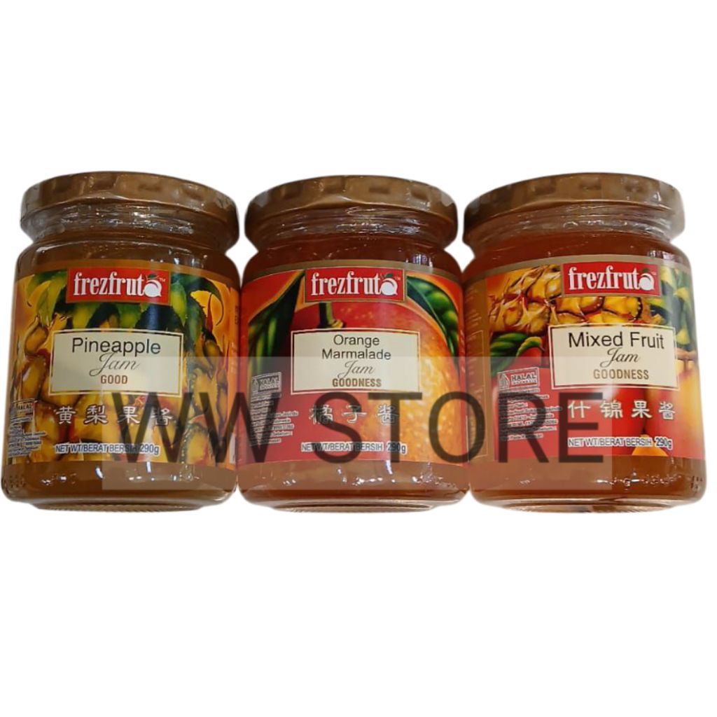 

Olesan selai roti rasa buah campur nenas nanas jeruk marmalad halal MUI frezfruta Mixed Fruit Pineapple Orange Marmalade Jam Good Goodness botol kaca 290g