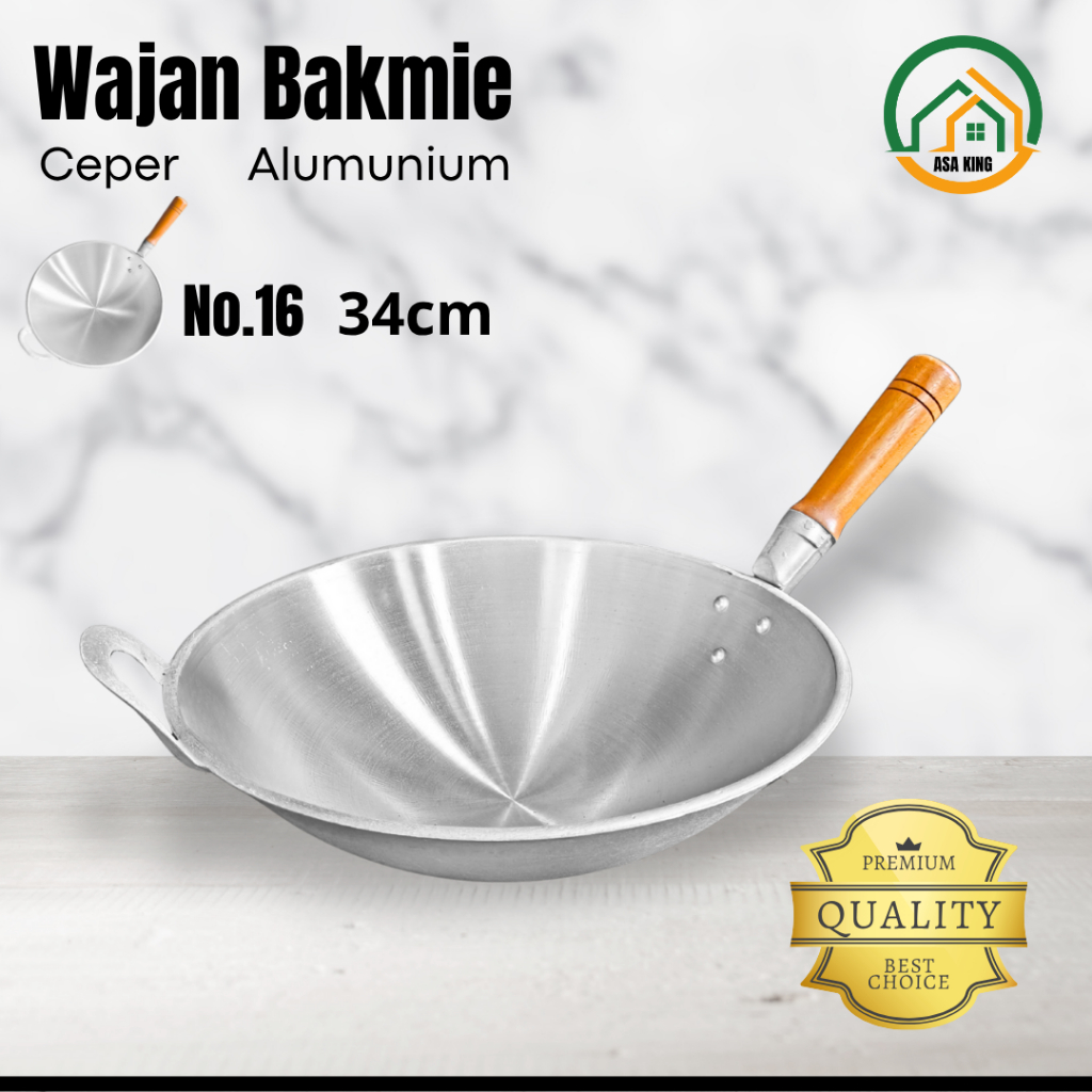 Wajan Gagang Kayu Ceper No 16 34cm Bakmie Nasi Goreng  Seblak Aluminium Tebal Anti Lengket Asaking