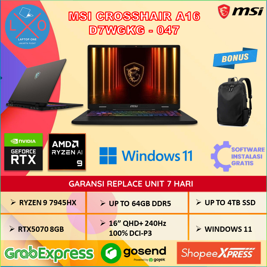 Laptop MSI Crosshair A16 HX RTX5070 8GB Ryzen 9 7945HX 64GB 4TB 16" QHD+ 240Hz Windows 11 + OHS