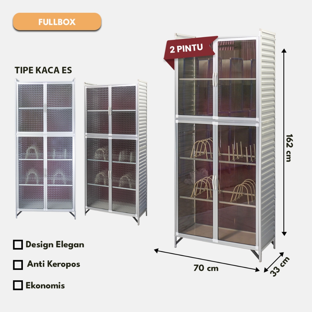 Lemari Rak Piring & Makanan Aluminium 2 Susun 4 Pintu – Kaca Riben / Kaca Es – 162cm