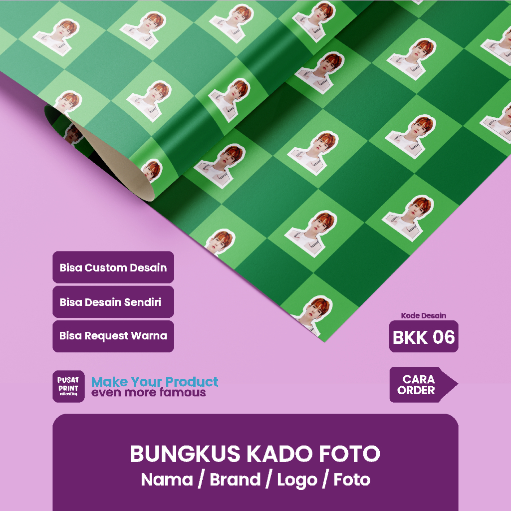 

Pusat Print Kertas Kado pake Foto Custom, Bungkus Kado kotak kota Foto, Nama, logo, BKK 06