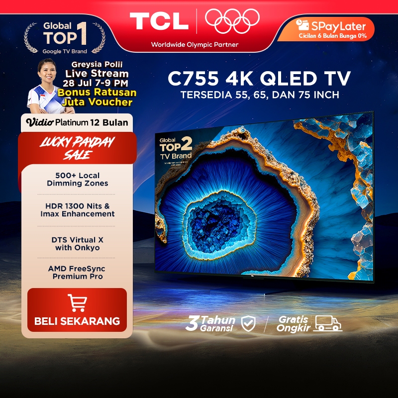 [CUCI GUDANG] TCL 4K Quantum Dot Mini LED Google TV 55 inch C755 - HDR 1300 nits - ONKYO - IMAX Enha