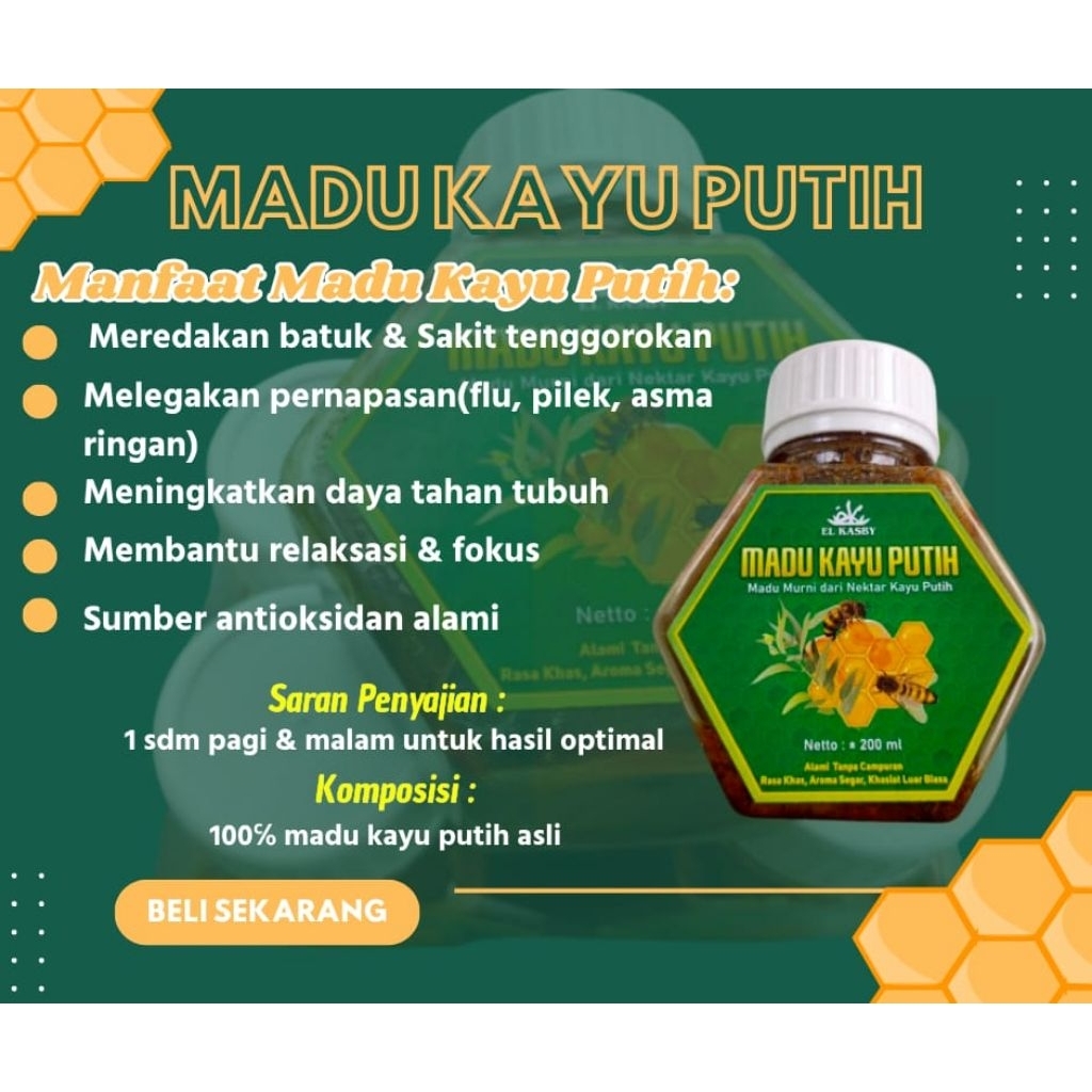 

MADU KAYU PUTIH Madu Murni Dari Nektar Kayu putih, meredakan batuk, sakit tenggorokan, pilek dan asma ringan, meningkata daya tahan tubuh dan sumber anti oksidan alami