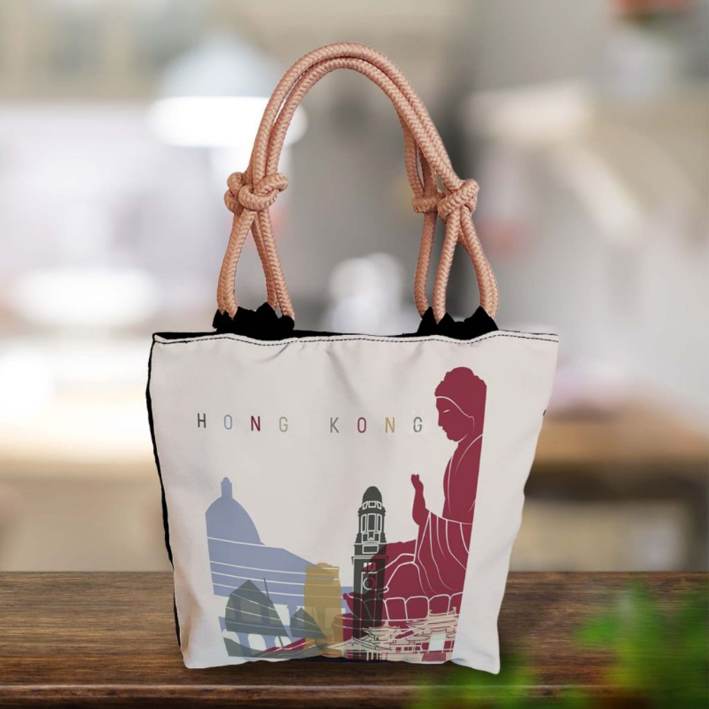 Tote bag kepang/tali sumbu Motif Hongkong-oleh oleh hongkong-souvenir hongkong-tas cantik-tas  wanit