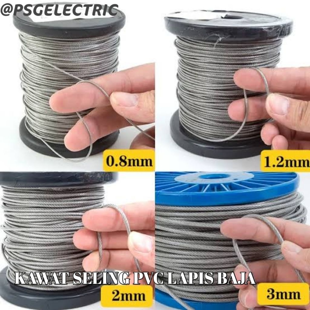 kawat seling baja lapis plastik PVC  1mm 2mm 3mm 4mm 5mm 6mm 8mm  kawat Sling baja lapis pvc tahan k
