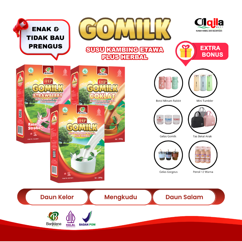 

Free Gelas Cantik !!! Paket 3 Dus Gomilk Susu Kambing Etawa plus daun kelor Aqilamart Trangsan