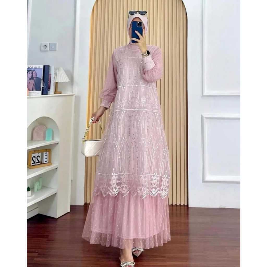 Gamis Brokat Pink Meisya Dress Premium Tille Dot Mix Brukat Full Puring Dress Wanita Terviral 2026