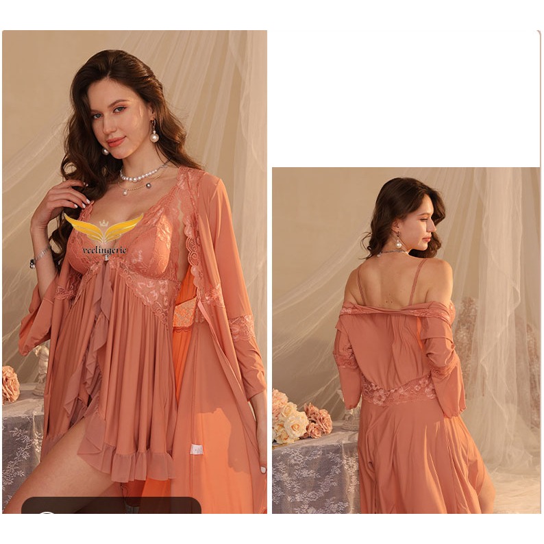 Set Kimono dan Dress Wanita Model Belah Tengah dengan Cup Bra - Hitam, Maron, Merah Thai Tea, Hijau 