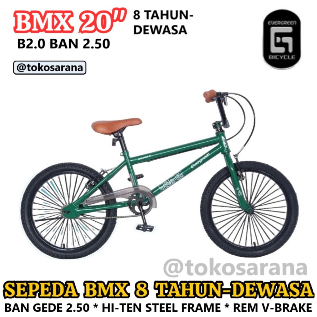 Sepeda BMX Evergreen B20 B25 Anak 8 Tahun-Remaja-Dewasa 20 Inci Hi-Ten Steel One Piece Crank V-Brake
