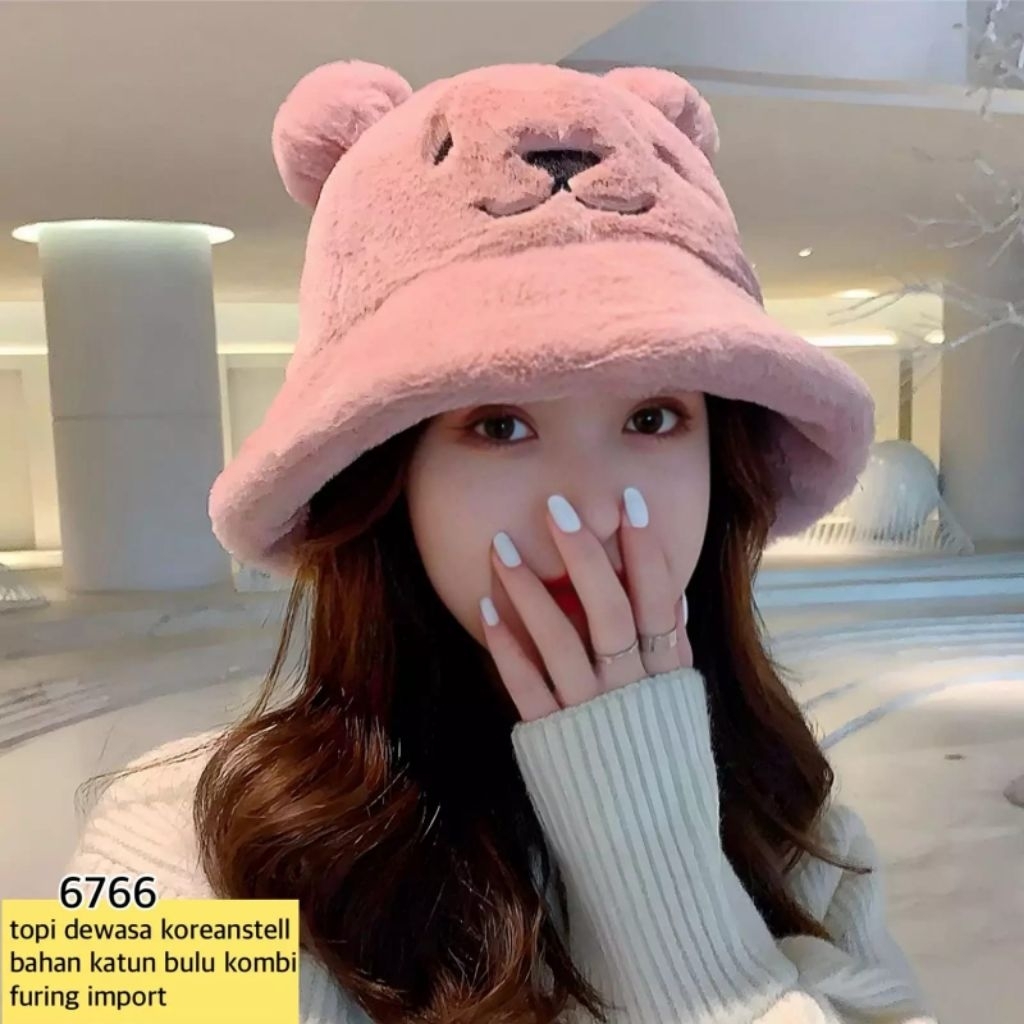 8828 Topi Bucket Hat Dewasa Import Karakter Beruang - Topi Bulu Faux Fur Cewek Korean Style Premium