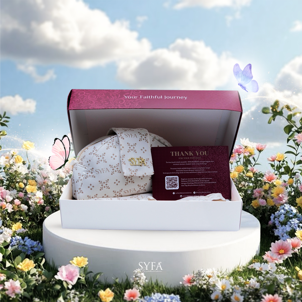 

Syfa Rahman - Gift Box Hampers Exlusive Raya Series Paket Sejadah Traveling dan Tasbih