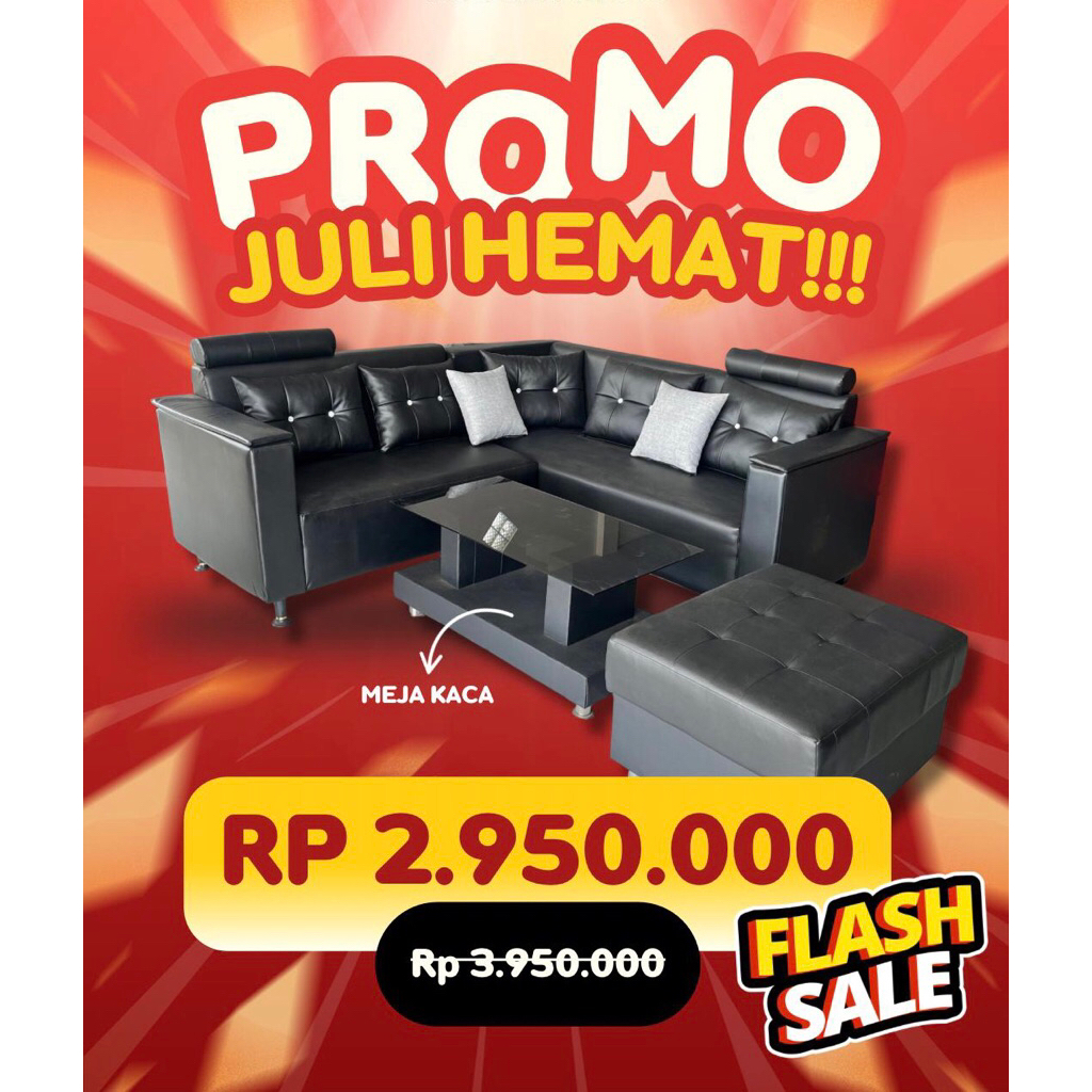 SOFA TAMU LETER L SUDUT MINIMALIS HITAM OSCAR SET MEJA KACA