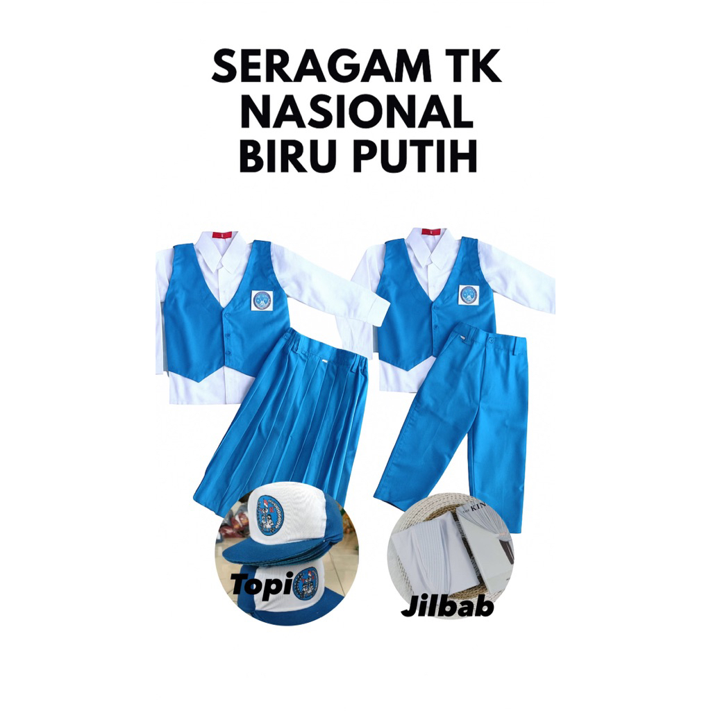 SERAGAM TK NASIONAL BIRU PUTIH PANJANG (INCLUDE TOPI - JILBAB - DASI)