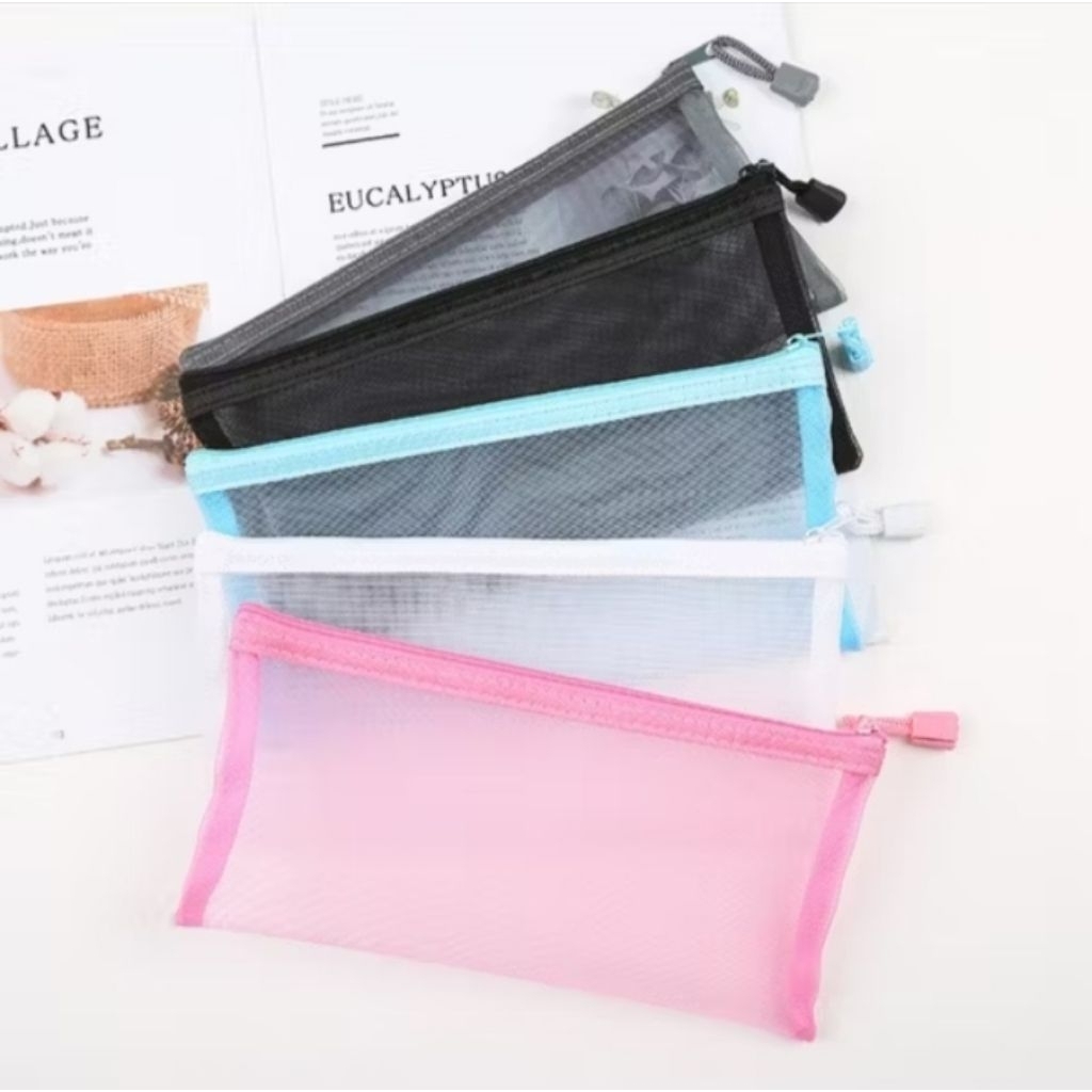 

Pouch tempat pensil kosmetik jaring tranparan zipper serbaguna