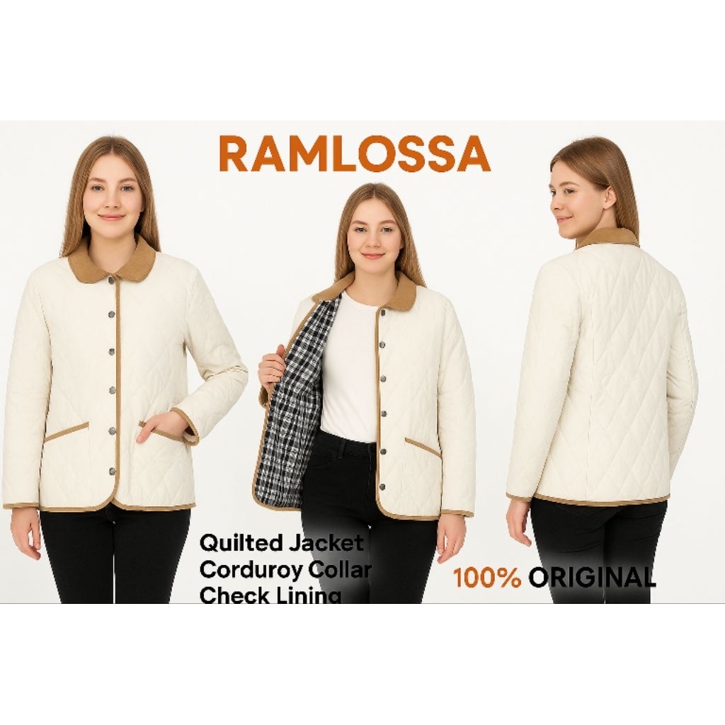 Jaket Wanita Korea Vintage Ramlossa Quilted Outer Cewek Putih Cream Coklat Flanel