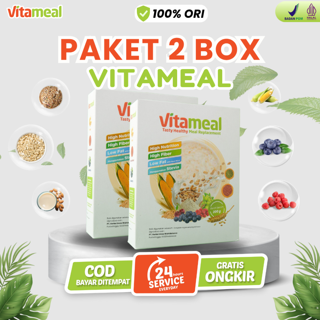 

[ORIGINAL] Vitameal Paket 2 Box Sereal Multigrain Penurun Gula Darah Kolesterol Atasi Maag GERD Asam Lambung Diet Sehat BPOM HALAL Vitamell VITAMILK KEBAS