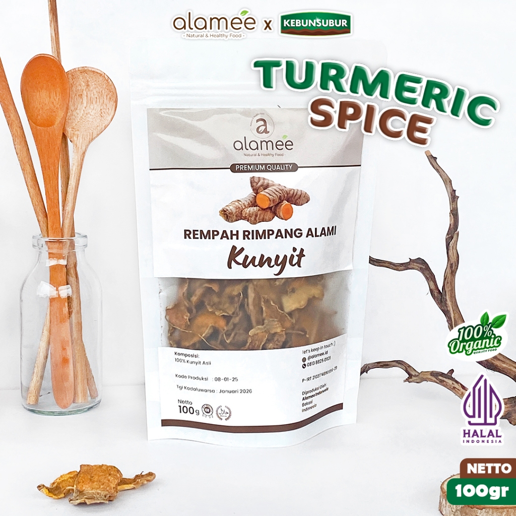 

ALAMEE Kunyit Kering Iris Rempah Dried Turmeric Rimpang Organik Alami Kunir Spice 100gr Kebunsubur
