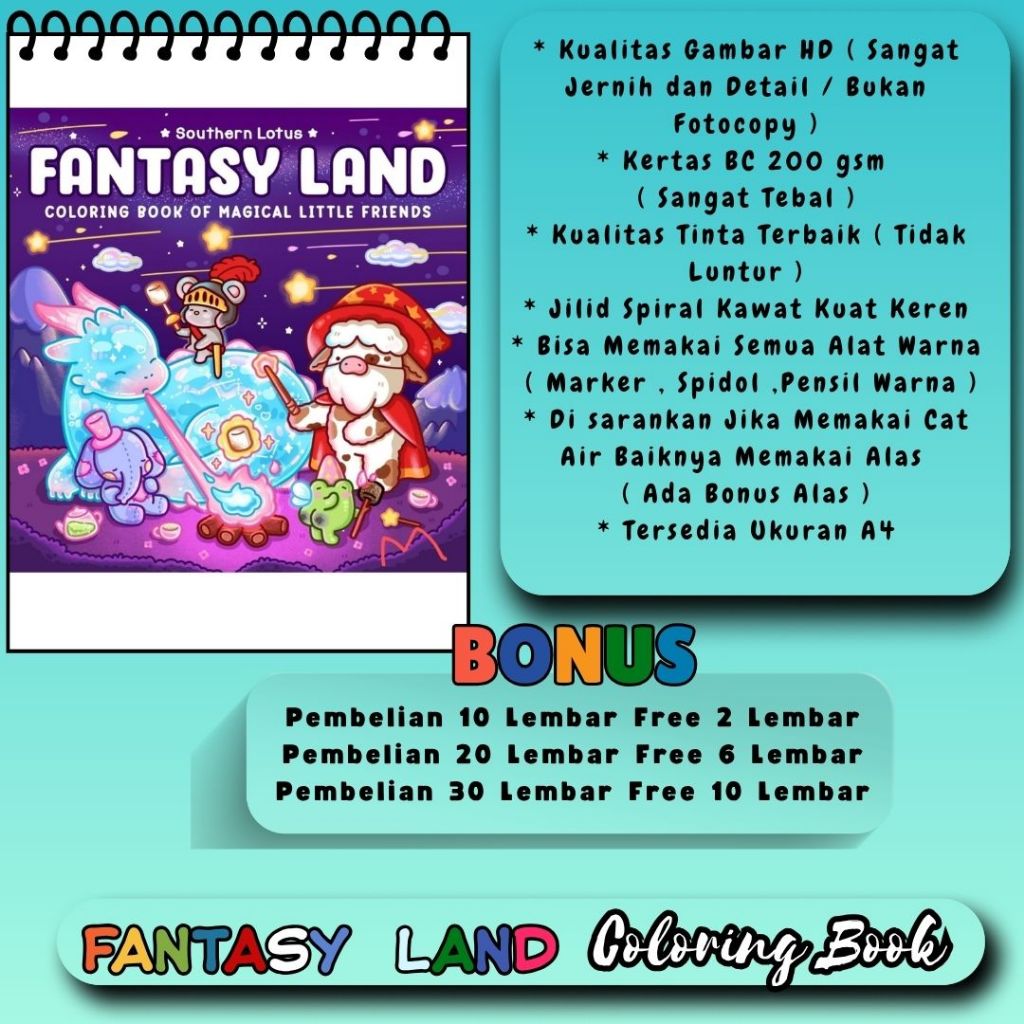 

Buku Mewarnai A4 Fantasy Land Coloring Book Of Magical Little Friends Kualitas Gambar Jernih HD Tema Bagus Keren Kertas Tebal 200 gsm