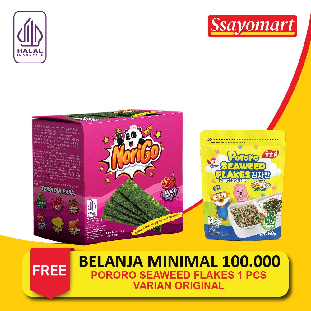 

Norigo Balado (1 DUS ISI 60 PCS) Nori Sachet Seaweed Snack 3g Rumput Laut Halal Rasa Balado