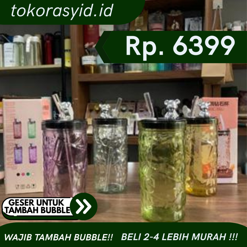 Gelas Kaca Tutup BOTOL BERUANG Panjang 350ml Gelas Kaca Aesthetic FREE BOX