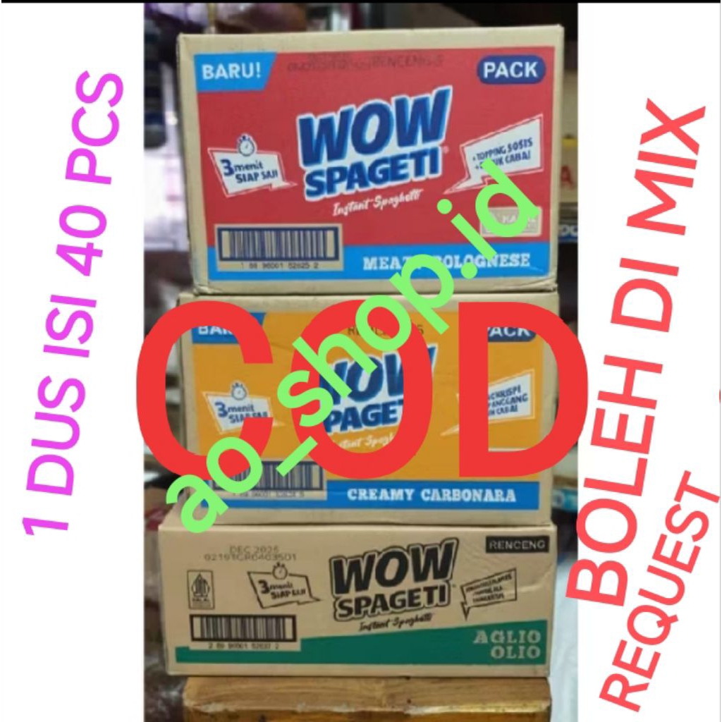 

MIE WOW SPAGETTI / SPAGHETTI PASTA 88Gr/AGLIO LIO, BOLOGNESE ,CARBONARA(1Dus 40 pcs)