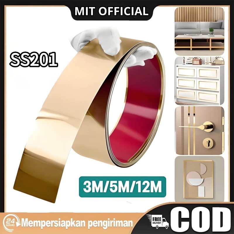 【COD】5M/12M List Plat Strip Mirror Gold/Stainless SS201 Steel/Gold list wallpaper dinding/Gold list 
