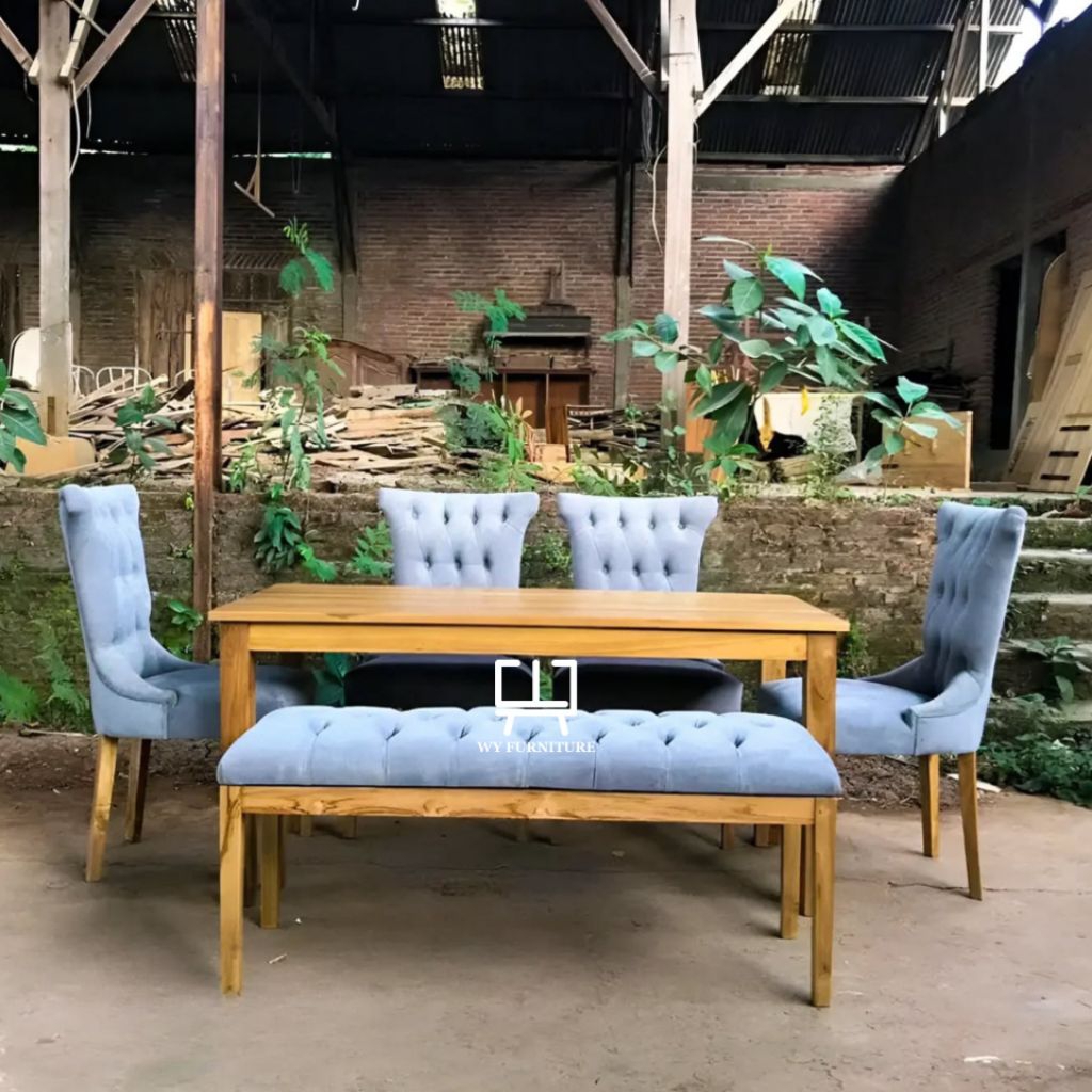 Meja makan minimalis kayu jati, set meja makan murah kayu jati, meja makan 4 kursi 1 bangku kayu jat