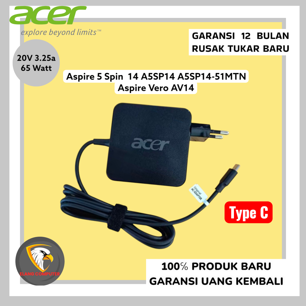Adaptor Charger Acer Aspire 5 Spin 14 A5SP14 A5SP14-51MTN Aspire Vero AV14 20V 3.25A Type-C