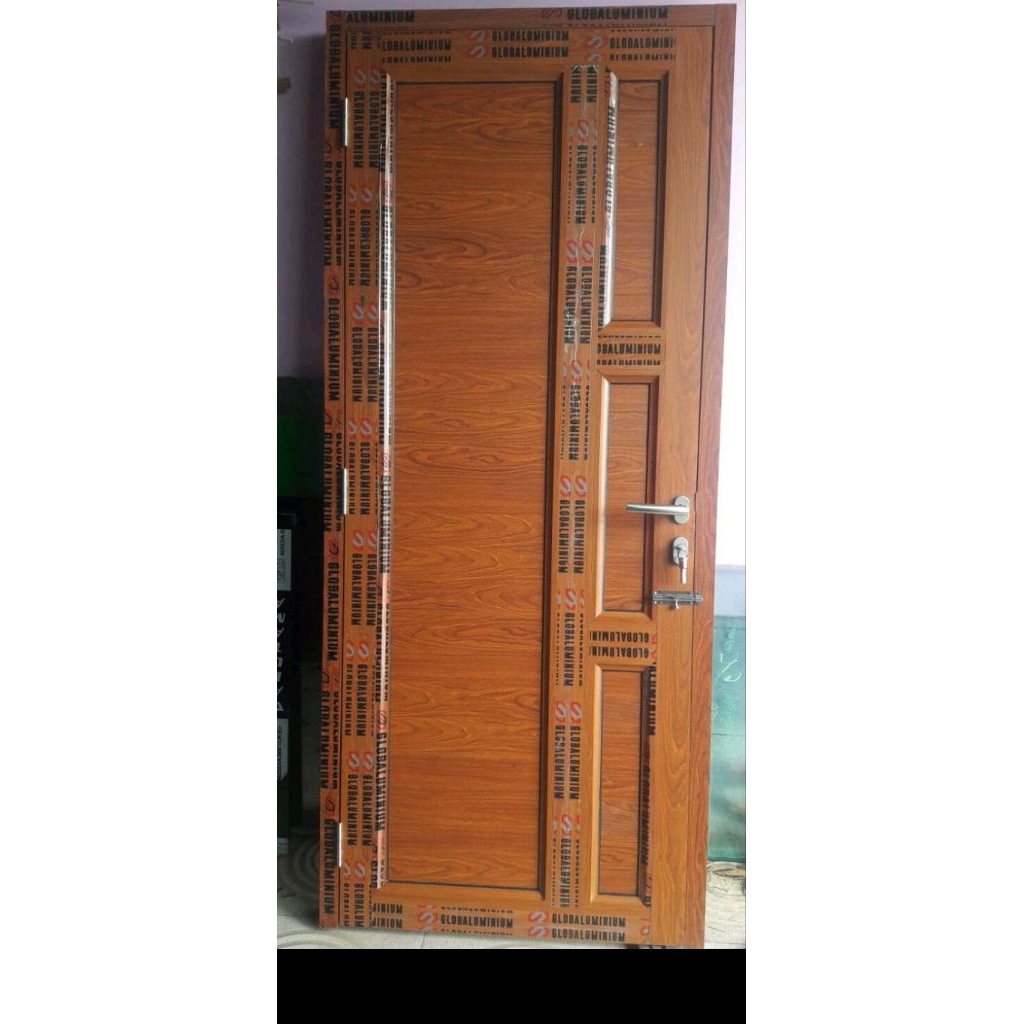 kusen+pintu alumunium 3 in warna serat kayu ukuran L 90.T 205. gratis Peking kayu