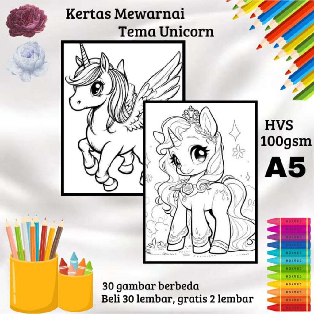 

30 LEMBAR KERTAS GAMBAR MEWARNAI TEMA UNICORN (READY LANGSUNG KIRIM)