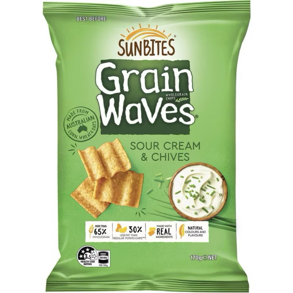 

Sunbites Grain Waves Wholegrain Chips Sour Cream & Chives 170g - Australia