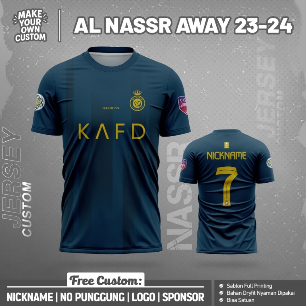 Jersey custom sepak bola futsal desain al nassr away dengan nama nomor sponsor anak  dewasa laki-lak