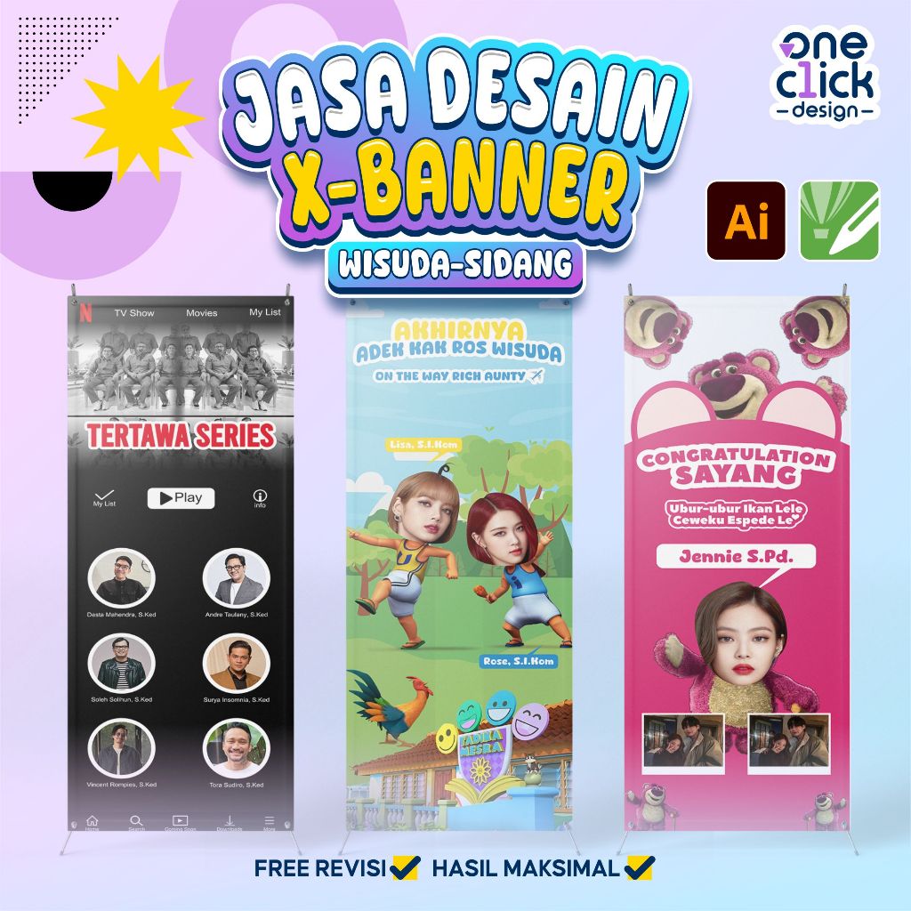 JASA DESAIN X-BANNER SPANDUK WISUDA SIDANG PROSES DESAIN CEPAT